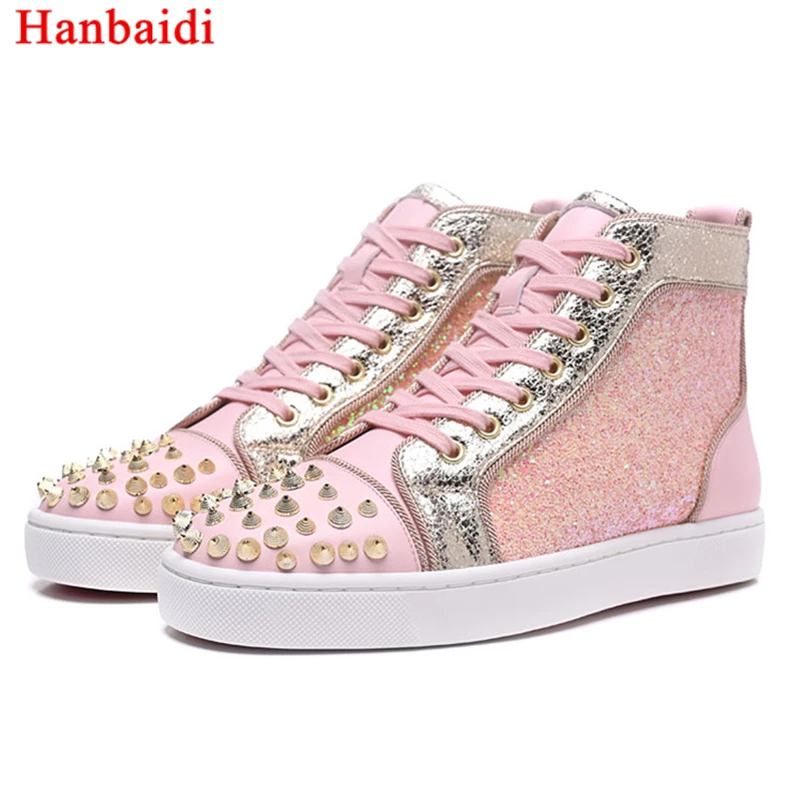 

Hanbaidi New Bling Sequined Cloth Women Casual Shoes Fashion High Top Rivets Studed Women Comfortable Flats Runway Outdoor Shoes