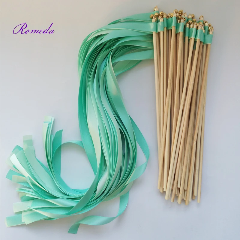 

Newest 50pcs/lot green and light green wedding ribbon wands with gold bell ribbon Twirling Streamers,ribbon stick