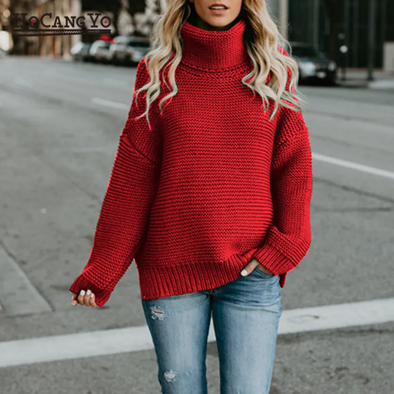 CbuCyi, зимний женский свитер с высоким воротом, большой размер, длинный рукав, вязанные пуловеры, женские свободные повседневные пуловеры, свитера, джемпер, топы - Цвет: Red