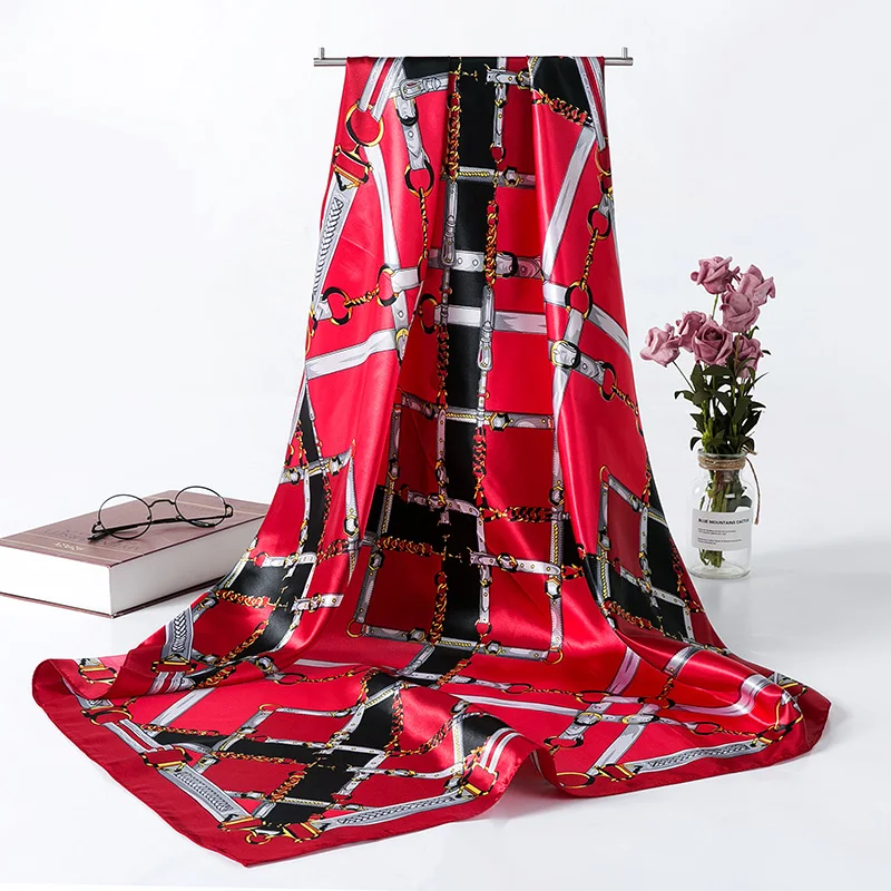 

[FAITHINK] Fashion Lady Brief Spring and Autumn Square Wrap Scarf Charming Chain Belt Designer Tippet Girl Head Scarf Bandana