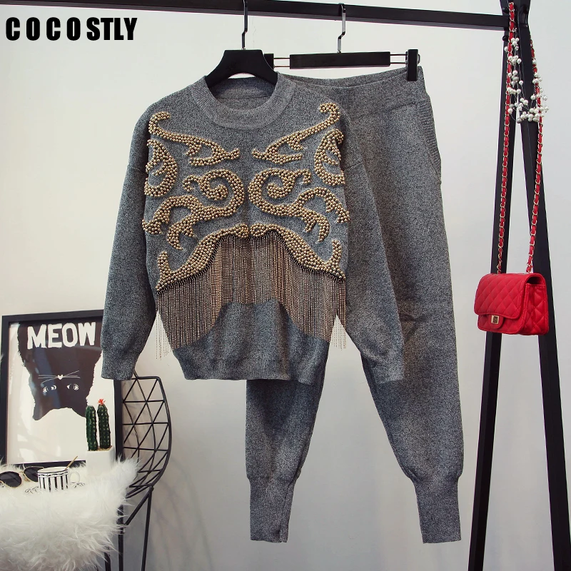 

2018 Autumn Winter Fashion 2 Piece Set Women Pant And Sweatsuits luxurious Beading tassel Women's Tracksuit Suits Clothing