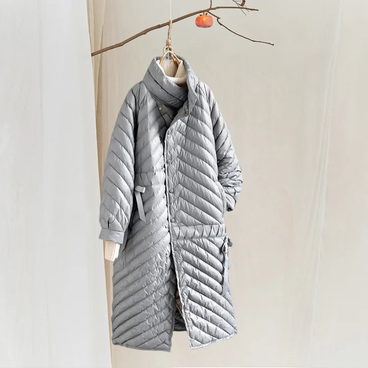 Original Retro Literary Loose Solid Color Stand Collar Long Down Jacket Coat Women's Cashmere Down Jacket