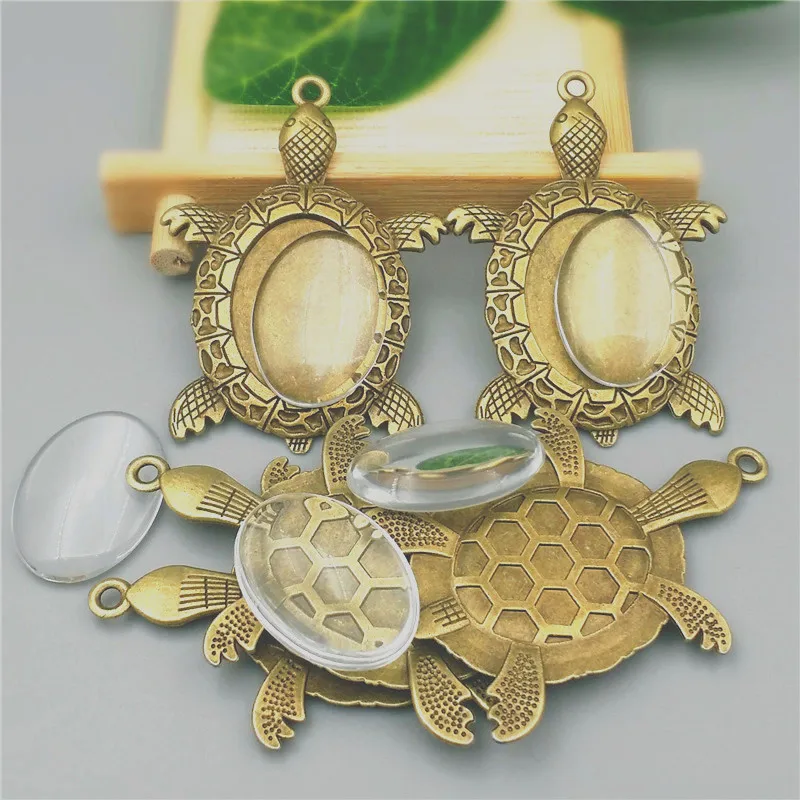

5set Antique Antique Metal sea turtle Fit 18x25mm Oval Cabochon Pendant Setting Vintage Blank Charms+Clear Glass Cabochons A1018