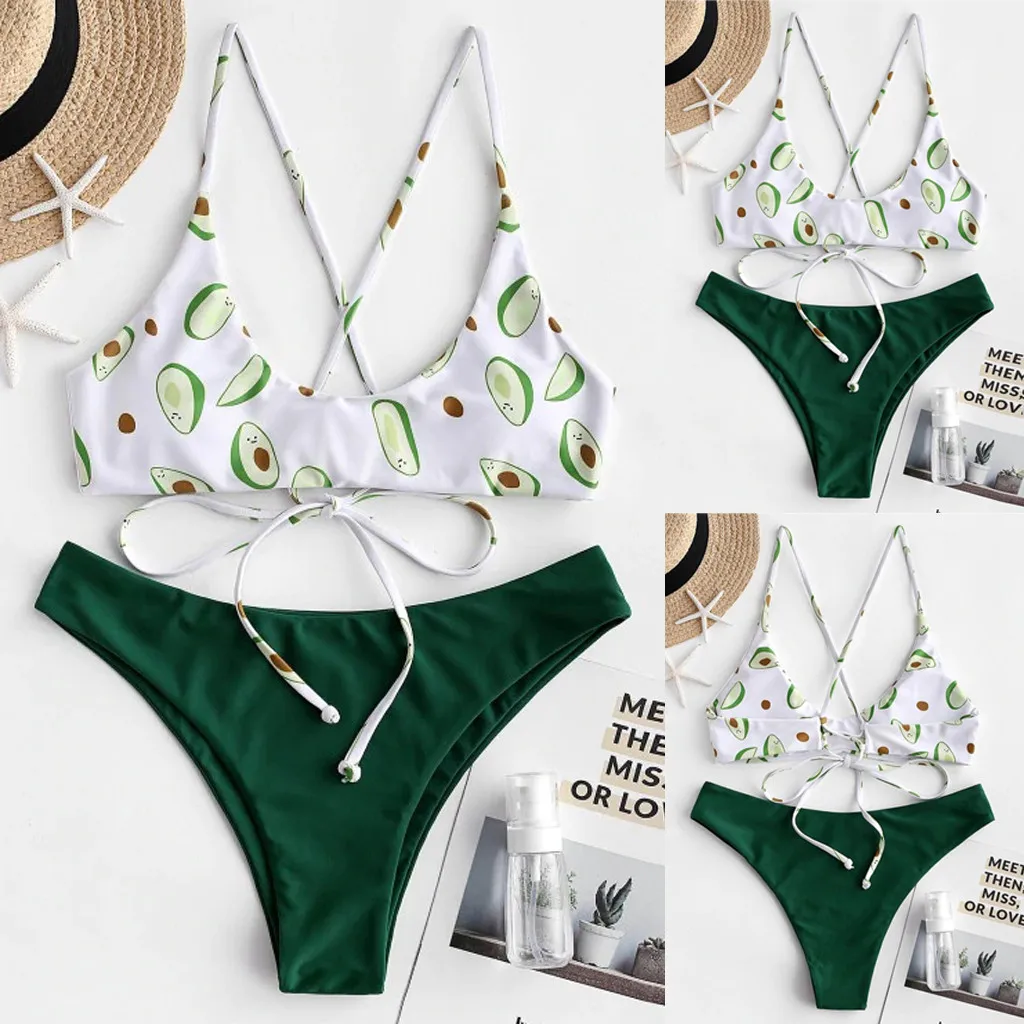 

Womail Bandage Avocado Printed Bikini Set Woman 2019 New Fashion Two Piece Swimsuit Beachwear costume de bain femme