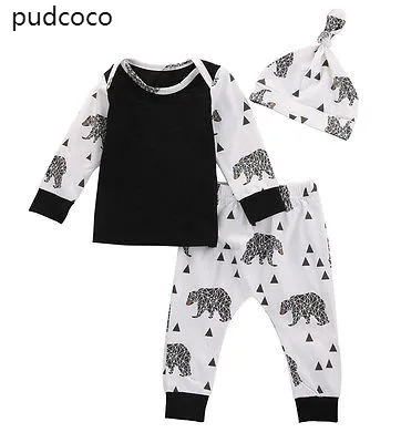 

Cotton Newborn Infant Baby Boys Outfits Clothes Autumn Long Sleeve Geometric Print T-shirt Tops+Pants Hats Outfits Clothes Set