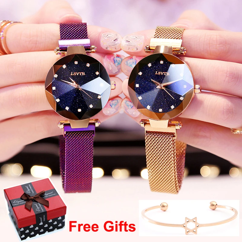 

2019 Best Women Watch Luxury Starry Sky Diamond Flower Dial Rose Gold Bracelets Mesh Ladies Magnetic Quartz Watch zegarek damski