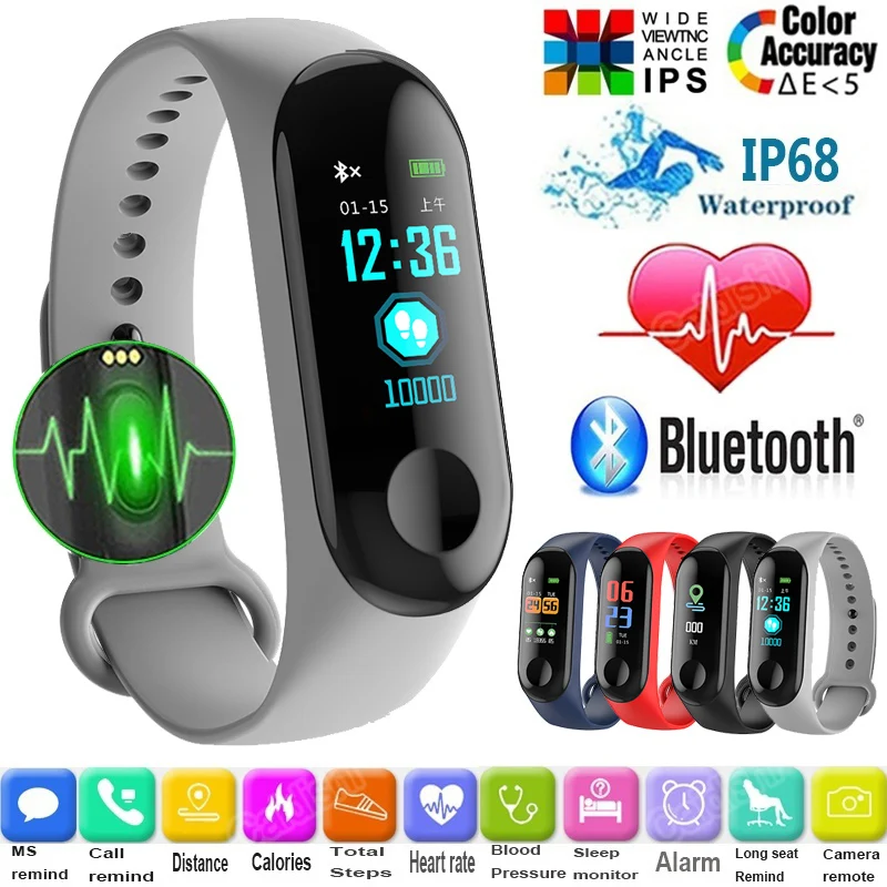 

M3C Smart Bracelet Color Screen Blood Pressure Waterproof Fitness Tracker Watch Heart Rate Monitor Smart Band for Android IOS