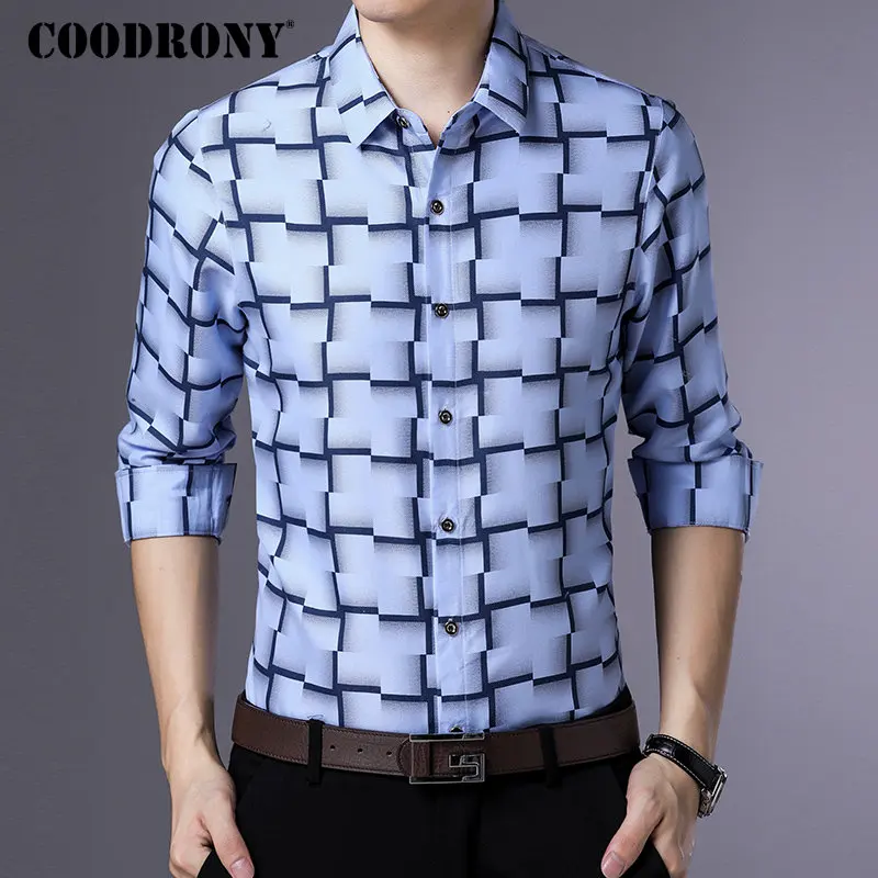 COODRONY طويل كم قميص الرجال الأعمال عارضة قمصان الرجال الملابس 2019 الخريف القادمون الجدد منقوشة Camisa الغمد زائد حجم 8738
