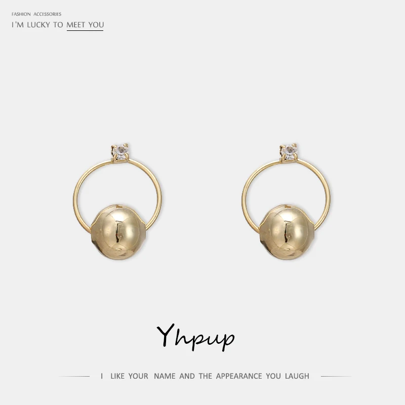 

Yhpup Trendy Temperament Rotatable Luck Ball Copper Stud Earrings Rhinestone Simple S925 Gold Earrings for Women Office Party