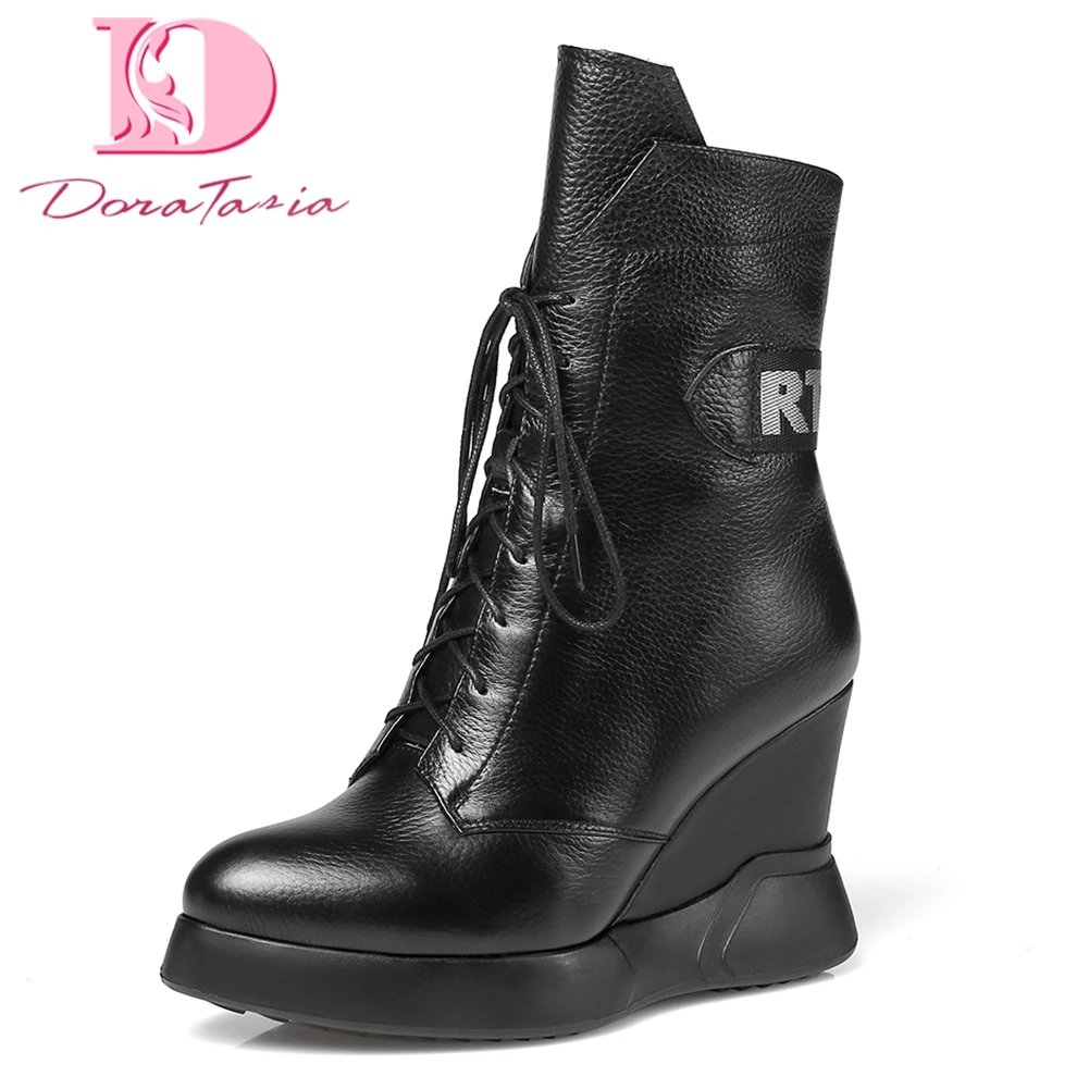 

DoraTasia Brand new Cow Leather Large Size 34-42 Hot Sale Ankle Boots Woman Shoes Zip Up Wedge high Heels Shoes Woman Boots