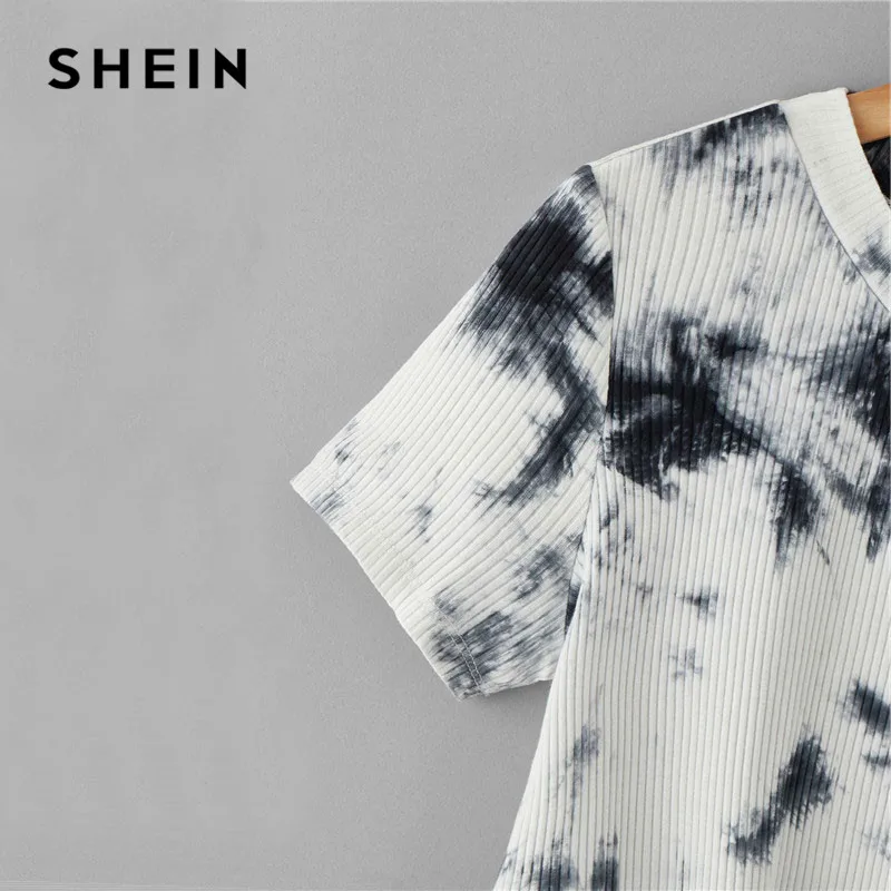 SHEIN سيدة الأسود والأبيض الأساسية التعادل صبغ عقدة تنحنح ضلع متماسكة جولة الرقبة المحملة الصيف عارضة تي شيرت قطني بأكمام قصيرة المرأة قمم