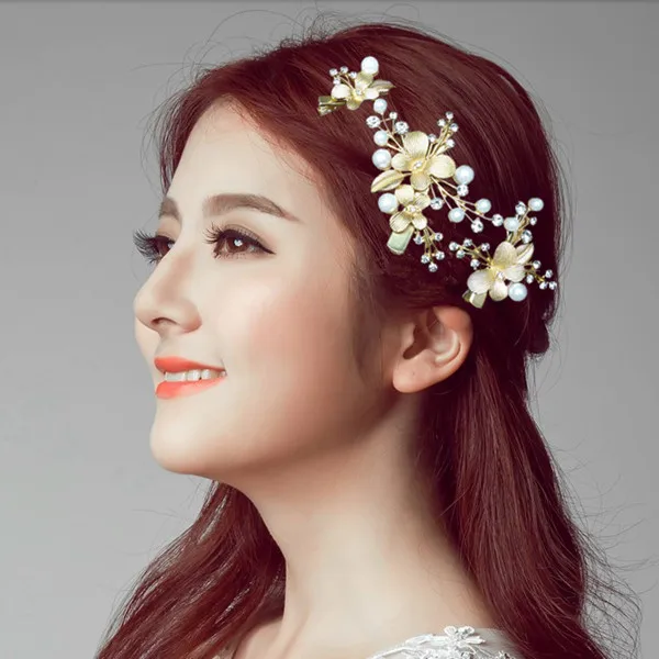 

3pcs/set Gold Flower with Leaves Bridal Combs Cystal Pearl Wedding Prom Hair Accessories Tiara