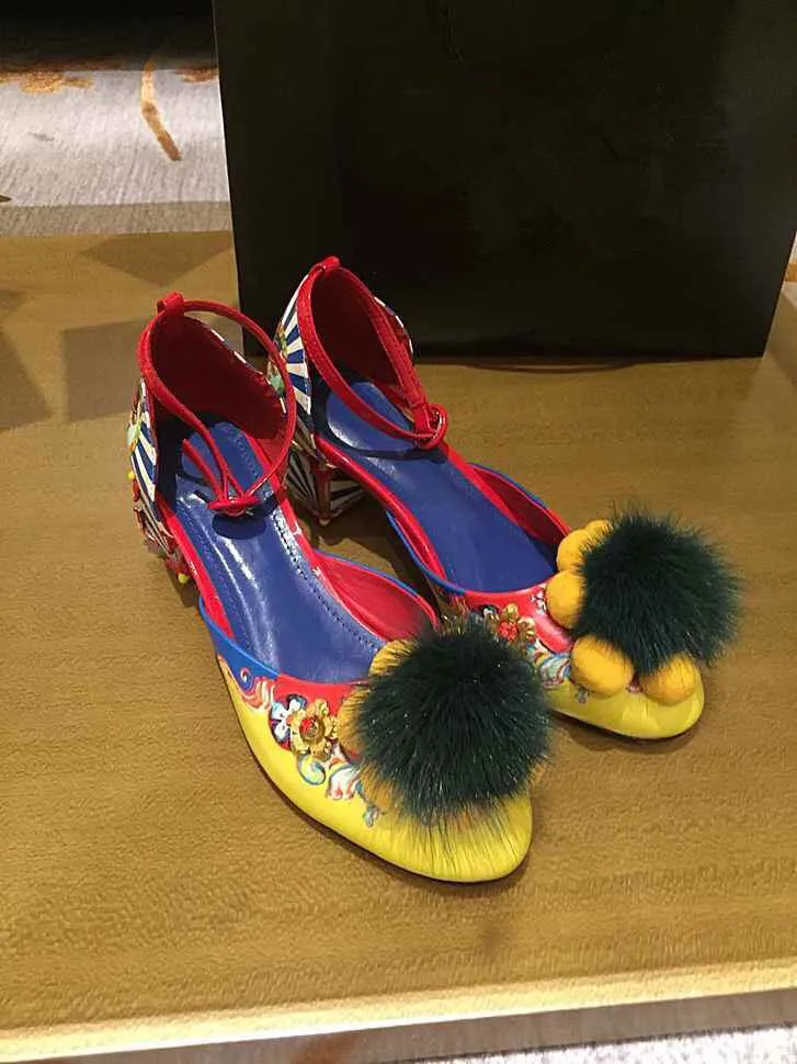

2017 Newest Arrival Fashion woman pumps round toe low heels woman shoes buckle strap fur decorated strange heels shoes woman