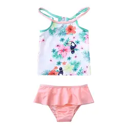Одежда для купания для девочек летние раздельный купальник Летний жилет для девочек с оборками и цветочным принтом купальник купальный