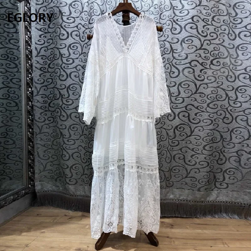 Белое длинное платье Весна Лето Высокое Качество Бренд женское сексуальное с v-образным вырезом изысканная вышивка платье макси с длинным рукавом размера плюс