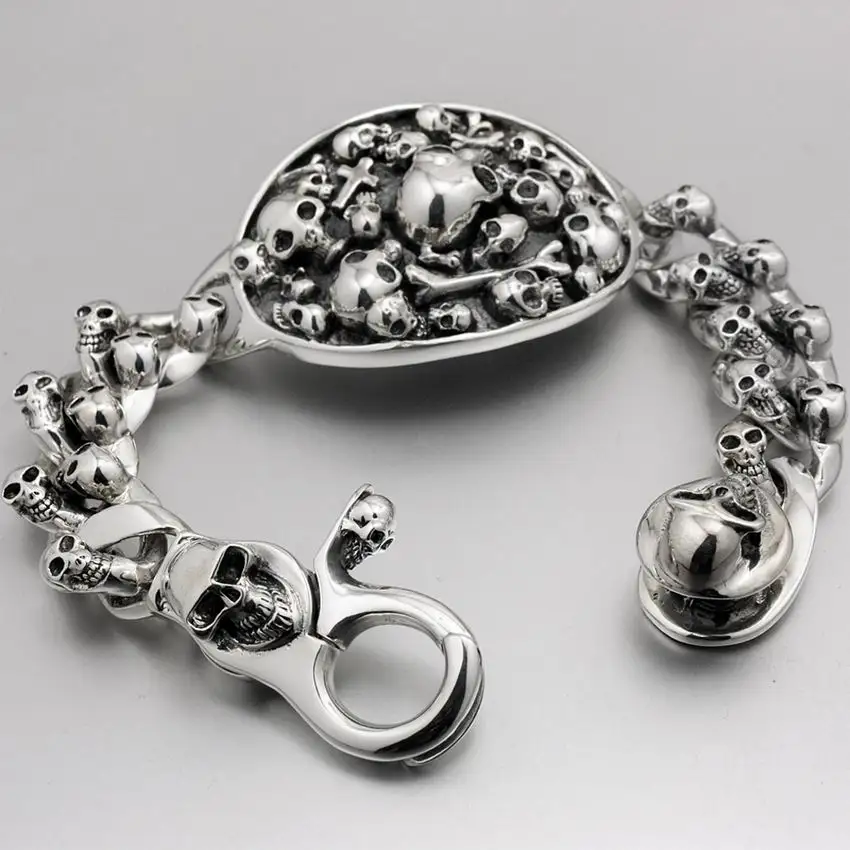 Linsion Huge Heavy 925 Sterling Silver Skull Bracelet Mens Biker Rocker