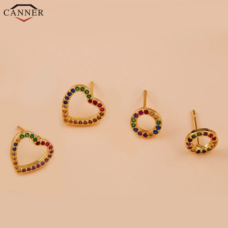 Colorful CZ Crystal Heart Stud Earrings for Women Cubic Zirconia Circle Earrings 2019 Rainbow Evil Eye Earings Gold Jewelry H40