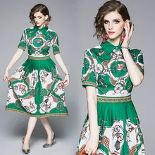 Дизайнерские летние женские платья для подиума, с воротником-стойкой, с коротким рукавом, винтажное платье с принтом, элегантные модные платья, Vestidos
