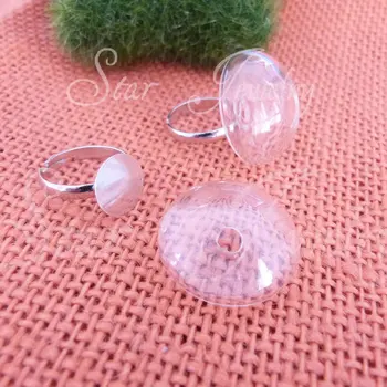 

20pcs/lot 25*10mm glass bubble with 12mm flat pad adjustable ring base-pink/white/black/bronze/white k colors option/#dtb