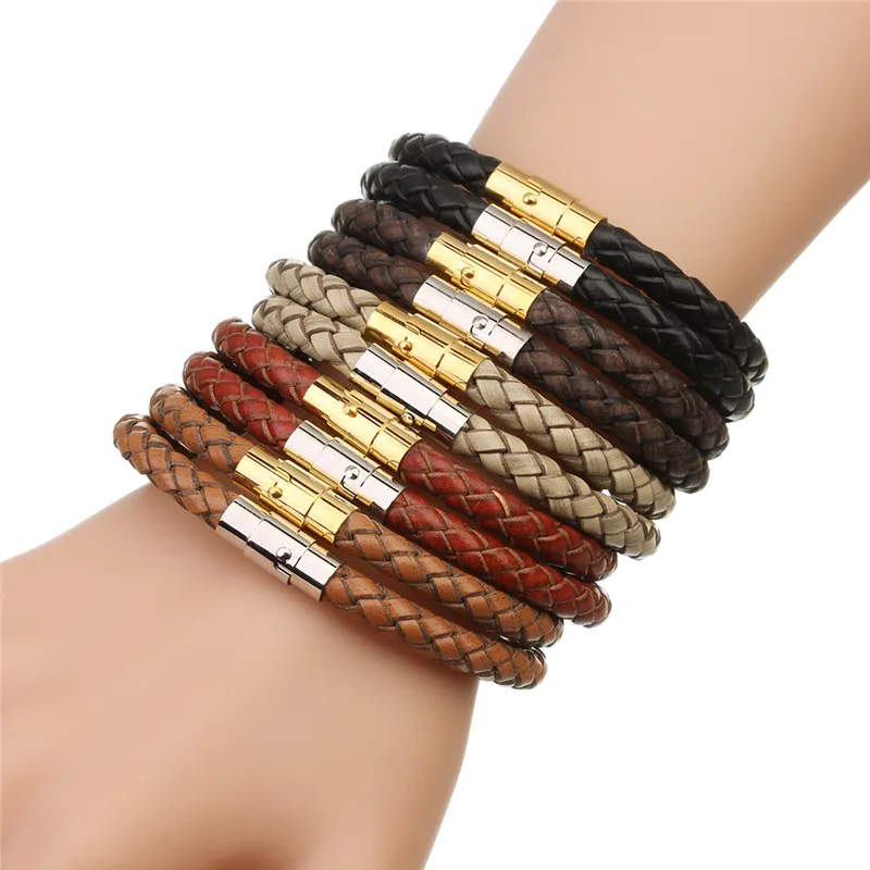 

LINSOIR 2017 New Punk Genuine Braided Leather Bracelet for Men Women Gold/Silver Color Stainless Steel Bracelets Men Jewelry
