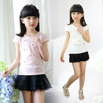 

Girls Summer Wear Short Sleeved Shirt Children Tee All-match T-shirt Clothing White Pink