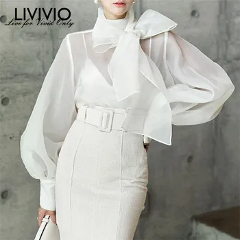 

[LIVIVIO] Elegant Perspective Womens Tops and Blouses Lantern Sleeve Lace Up Plus Size Shirts Female 2019 Spring Fashion New