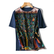 Хлопок шелк сплайсированные трикотажные женские модные тройники винтажные цветочные печатные футболки с коротким рукавом темно-синий лоскутный цвет S/L