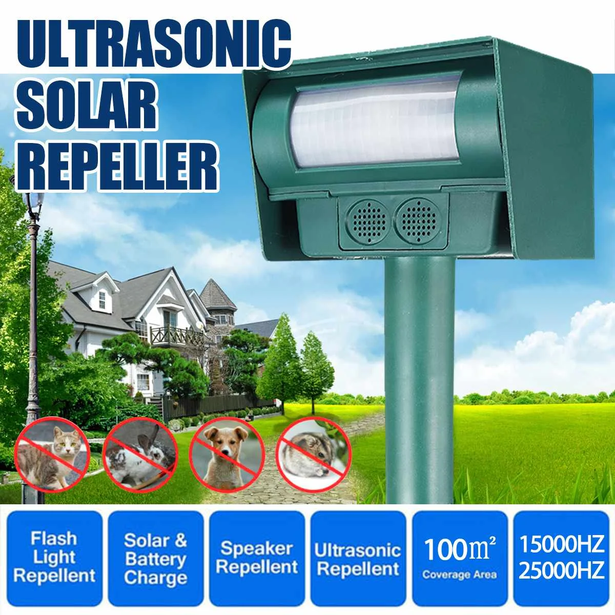 

Ultrasonic Animal Repeller Repellent Cat Dog Mouse Rat Deterrent Solar Power Battery Charge Scarer Repellent for Outdoor Garden