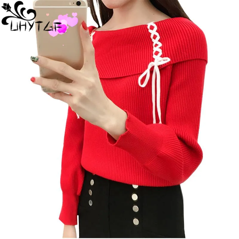 

UHYTGF Short Sweater Womens Autumn Winter Bow Lantern sleeve Slash neck Pullover knit Sweater Elasticity warm Sweater Female 641