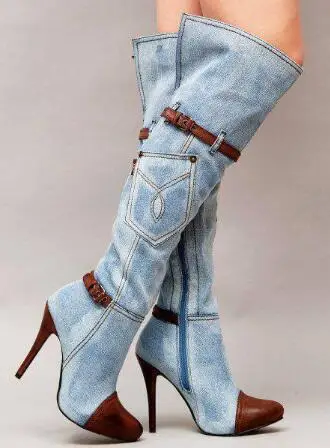 

2018 new woman spring and fall denim long boots Ladies round toe thin high heel knee-high boots Fashion boots SIZE 35-43