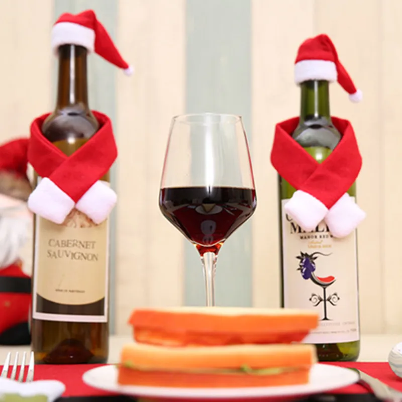 

2pcs Noel Wine Hat Scarf Cover Set Clothes Christmas Decorations for Home Dinner Party Table Decoration New Santa Claus Gifts