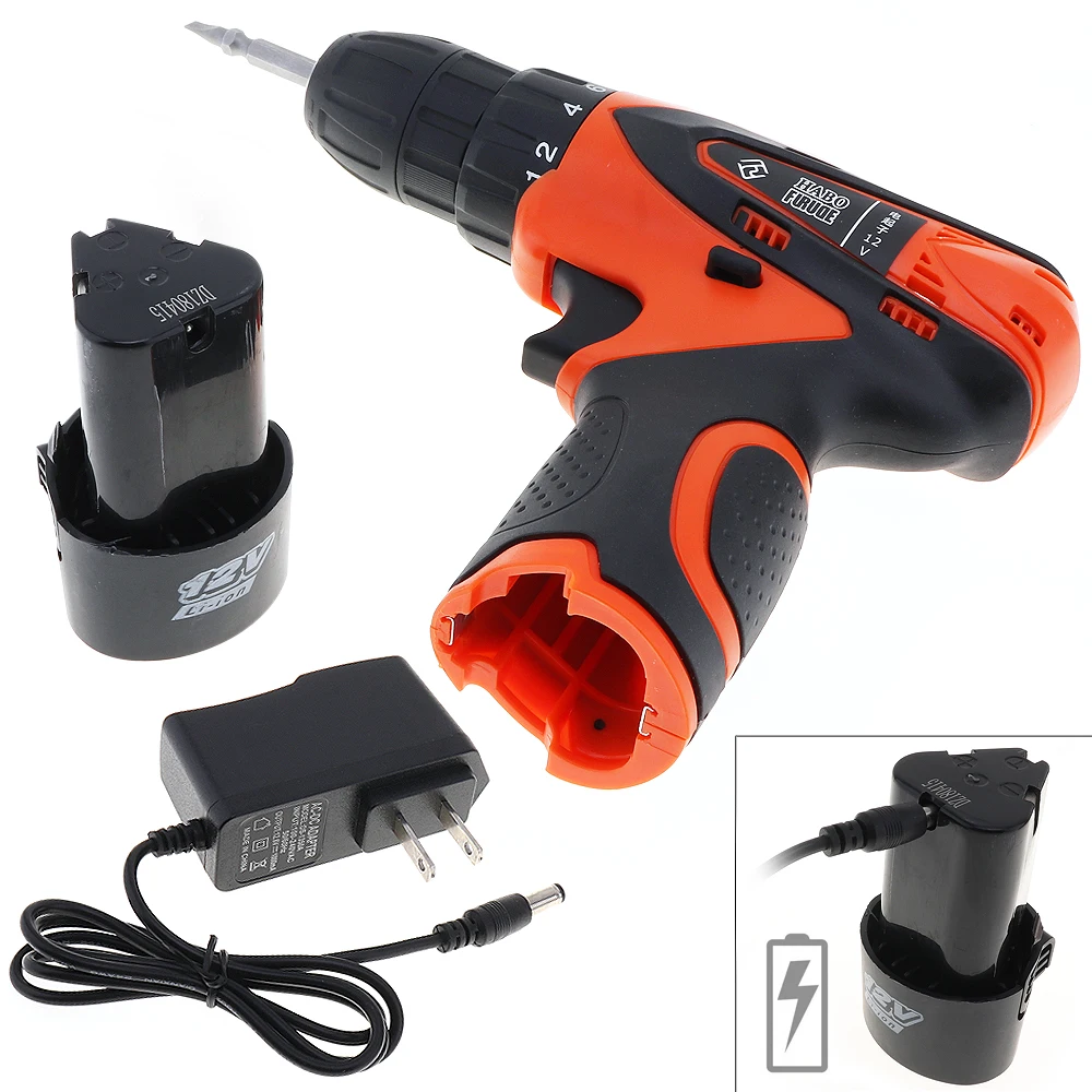 AC100-240V Handling Screws/Punching Cordless 12V Electric Screwdriver with 2 Lithium Batteries and Rotation Adjustment Switch