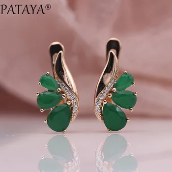 

PATAYA New Wedding Party Earrings Women Fashion Fine Jewelry 585 Rose Gold Green Three Water Drop Natural Zircon Dangle Earrings