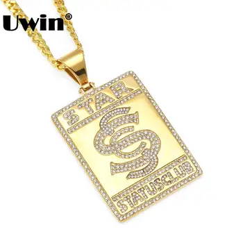 

Uwin Top Quality Stainless Steel Star STATUSCLUB Letter Dog Tag Heavy Pendant Gold Color Full Iced Out Rhinestones Mens Necklace