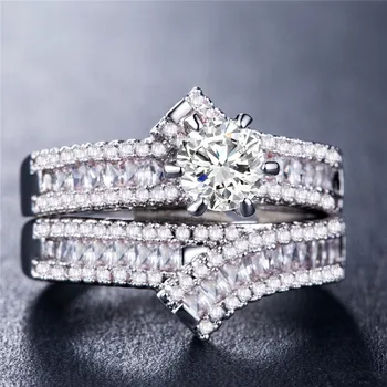 

Huitan 2PCS Solitaire Couple Ring Set Luxury Silver Color/Gold Color/Rose Gold Color Romantic Bridal Sets For Femme Shine Zircon