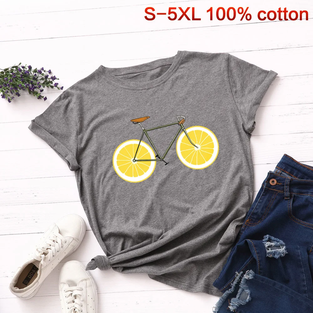 

100% cotton women cartoon t shirt lemon bicycle partten S-5XL plus size female tops tees multicolor short sleeves 2019 t-shirt