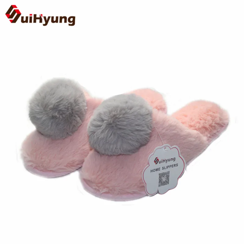 melhor Suihyung Mulheres Inverno Quente Peludo Grande Bola de Pêlo de Pelúcia Plana Chinelos Chinelos Em Casa Chinelos Interior Sapatos Casa Chão Do Quarto do Sexo Feminino