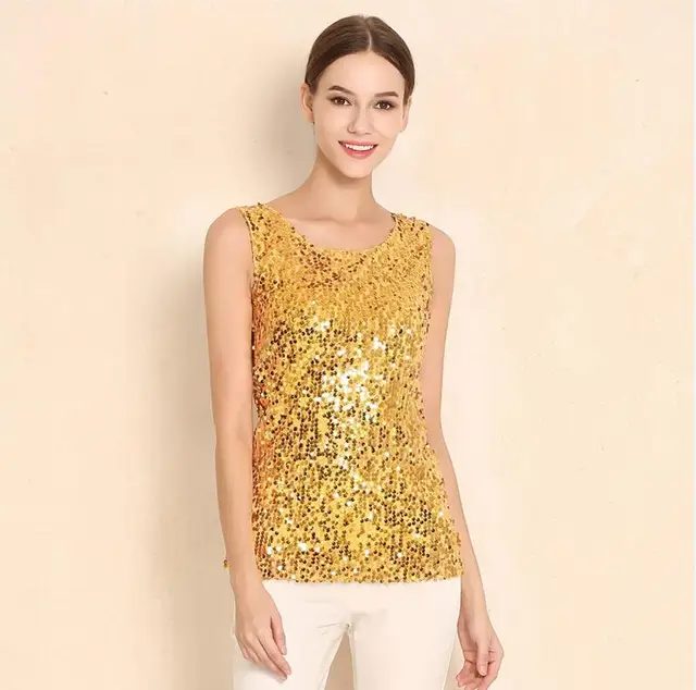 2019 New Fashion Chiffon Sequin Sleeveless Blouse Plus Size Gold Shirt