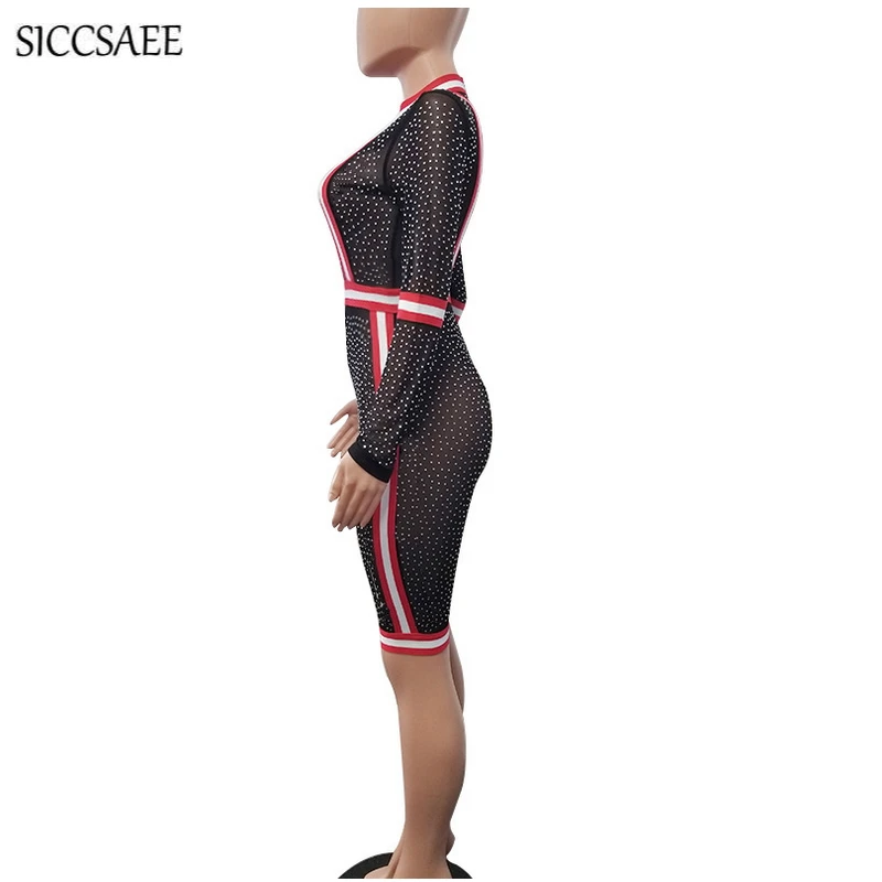 Black Mesh Bodycon Bodysuit Knee Length Striped Rompers Womens Jumpsuit Rhinestone Sexy Club Wear Glitter Sparkly Bike Shorts