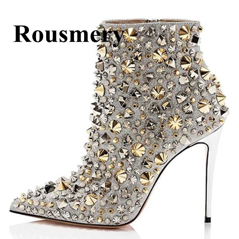 

Hottest Party Fashion Rivet Sexy Thin High Heel And Pointed Toe Fashion Winter And Autumn Shoes Side Zipper Women Ankle Boots