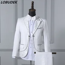 Мужской костюмы белое платье на свадьбу Жених костюм мужской торжественное платье костюм мужской вечерние Для певица бар куртка Штаны выпускного вечера