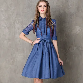 

Brand women's wear 2019 new autumn dress, ladies' denim , retro lace, sleeve dress.