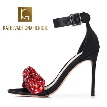 

KATELVADI 2020 Women Sandals Shoes Black Satin Red Crystal Buckle Sandals 10CM High Heels Shoes Woman K-381