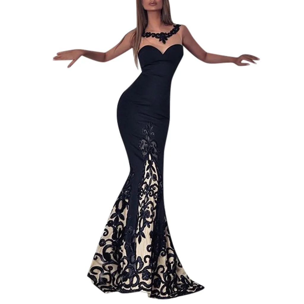 

Newest 2019 Women Sexy Lace Sleeveless Slim Dress Print Hollow Maxi Dress Party Dresses african dresses for women #2019.5.24