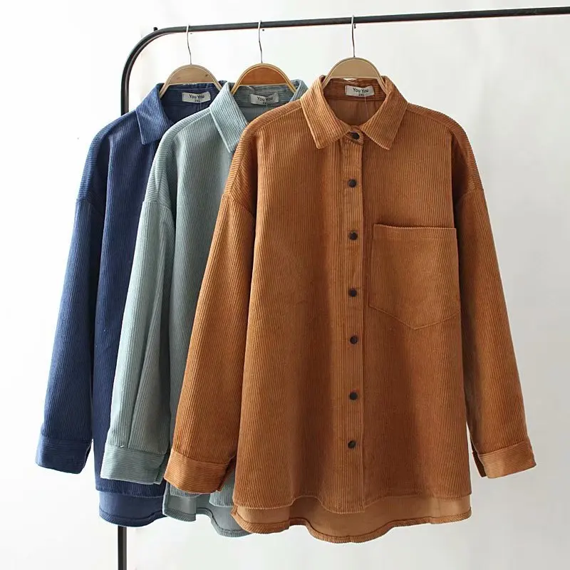

Women Corduroy Blouses Casual Loose High Waist Plus Size Spring Blouse Long Sleeve Turn Down Collar Pocket Tops YY619