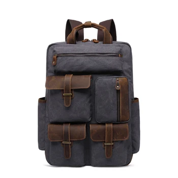 

Men backpack Canvas Leather Large Travel School Shoulder Computer Backpack Functional Versatile Bags Multifunctional Laptop Bag