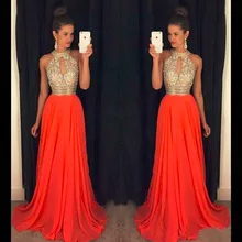 Оранжевые Выпускные платья трапециевидной формы с бретелькой через шею, платье с кристаллами и бисером для выпускного вечера, Vestidos de formatura longo abendkleider