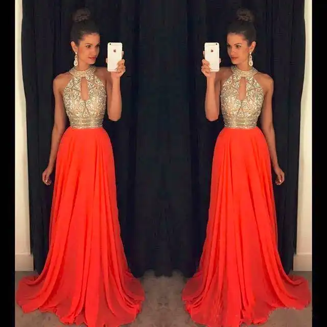 Orange Prom Dresses A Line Halter Top 