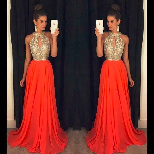 

Orange Prom Dresses A Line Halter Top Crystal Beading Dress For Graduation Vestidos de formatura longo 2018 abendkleider