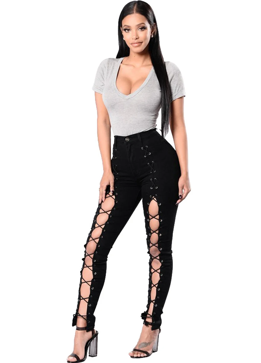 Large Size Wash Denim Black Lace up Front Sculpt Jeans S-3XL New Fashion Women Pencil Pants Butt Li